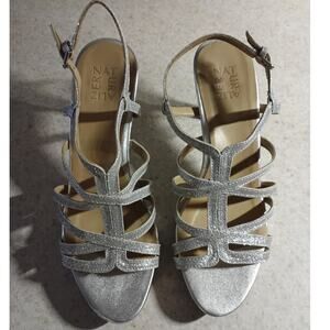 Naturalizer Silver Glitter Platform Heels Womens 10 Strappy 4 Inch Block Heel